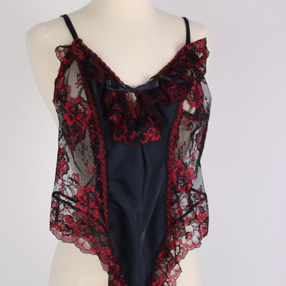 Shirley Other - 🌺 Vtg Shirley Red Black Lace Bodysuit Lingerie Nightgown Babydoll Sexy C